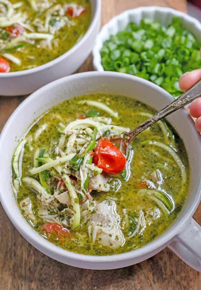 Paleo Whole30 Pesto Chicken Zoodle Soup - Real Food with Jessica